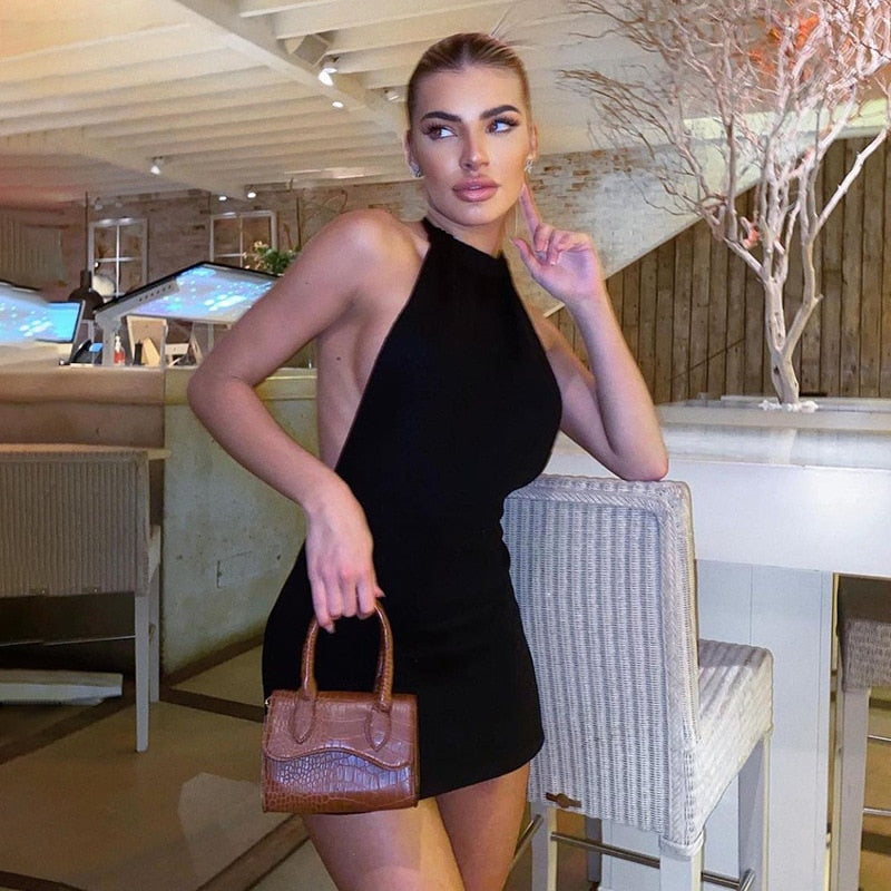 Gbolsos Knitting Beach Sexy Summer Dress Women Halter Backless Spaghetti Strap Mini Dress Bodycon Night Club Party Dress