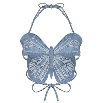 Butterfly Tube Tops Denim Lace-up Corset Sexy Outfits Halter Neck Backless Cami Streetwear Y2K Clothes Black Crop Top Strapless