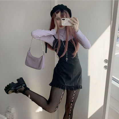 Gbolsos Lolita Goth Lace Stockings Women Harajuku Tights Elastic High Waist Pantyhose Hollow Sexy Leggings with Bowknot 90s