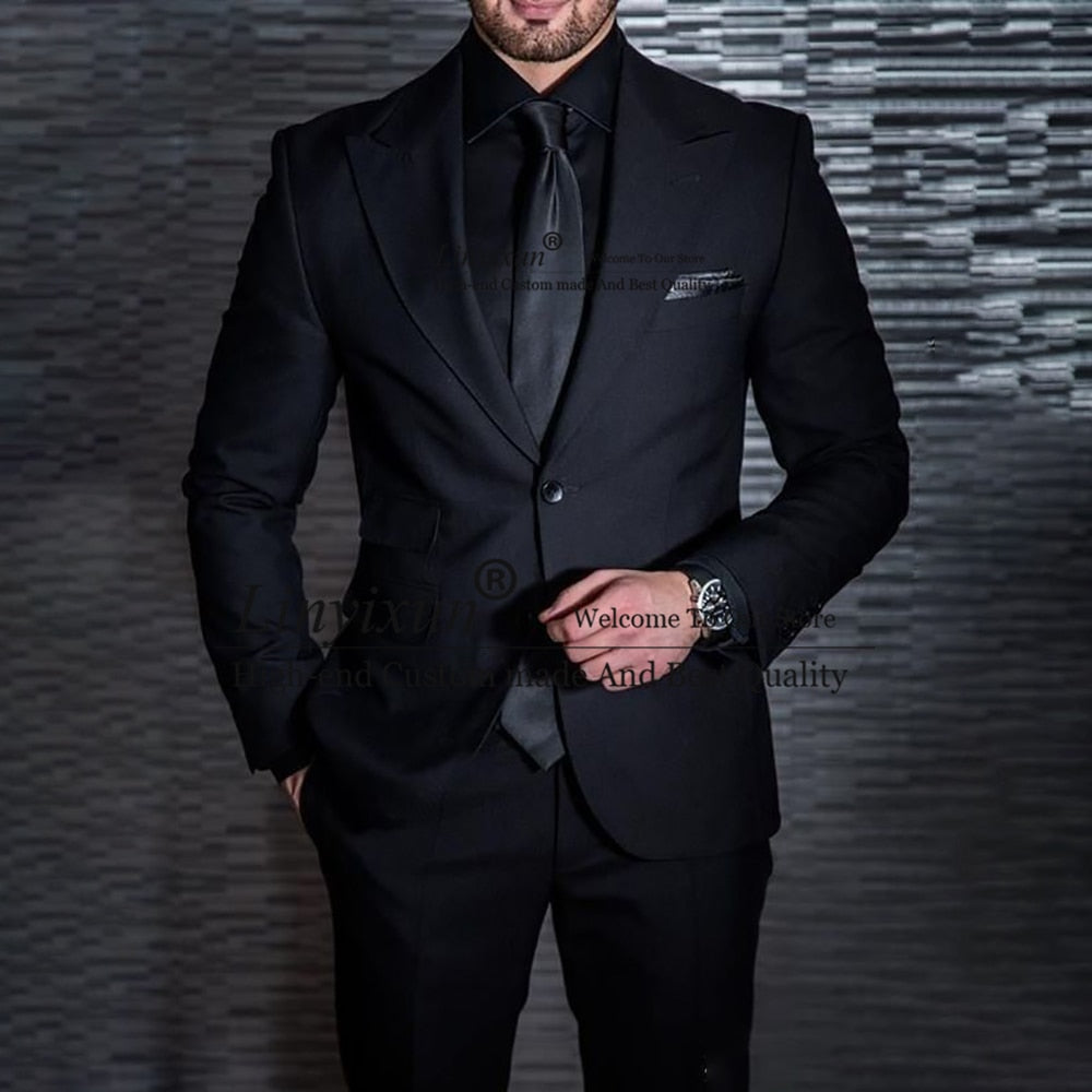 Gbolsos Classic Black Mens Suits Peak Lapel Business Blazer Slim Fit Wedding Groom Tuxedo Banquet 2 Piece Set Jacket Pants Costume Homme