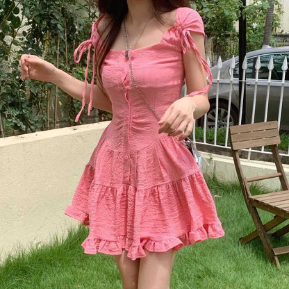 Gbolsos Japanese Kawaii Princess Dress Women Pink Fairy Ruffles Party Mini Dress Female Summer Korean Puff Sleeve Slim Sweet Dress