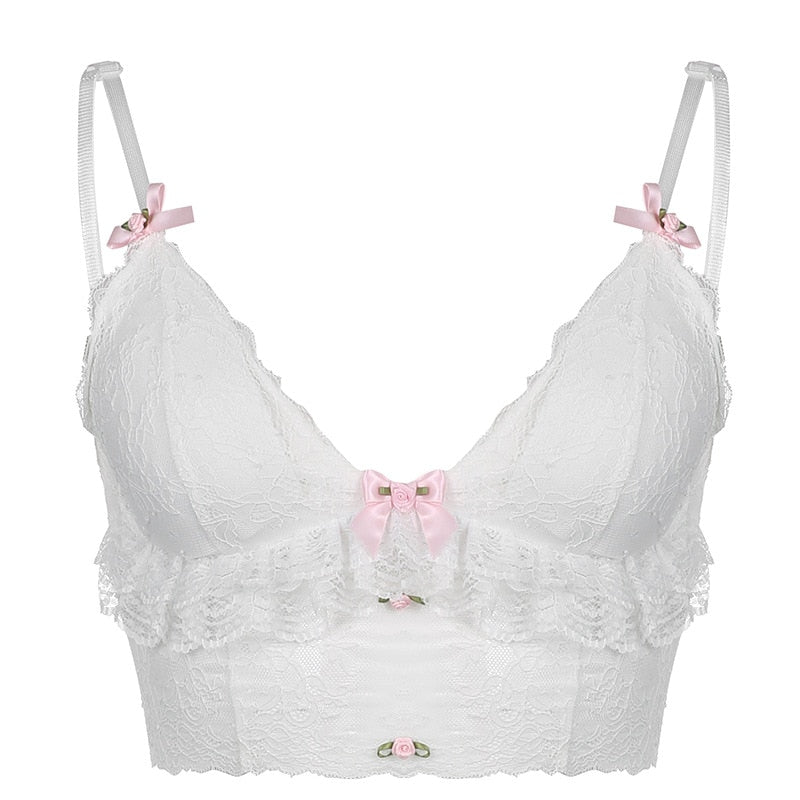 Harajuku Kwaii Lace Basic Camis Goth Pastel Gothic Sweet Bows White Tight Crop Tops Lolita Ruffles Women Coquette Aesthetic