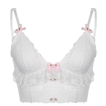 Harajuku Kwaii Lace Basic Camis Goth Pastel Gothic Sweet Bows White Tight Crop Tops Lolita Ruffles Women Coquette Aesthetic