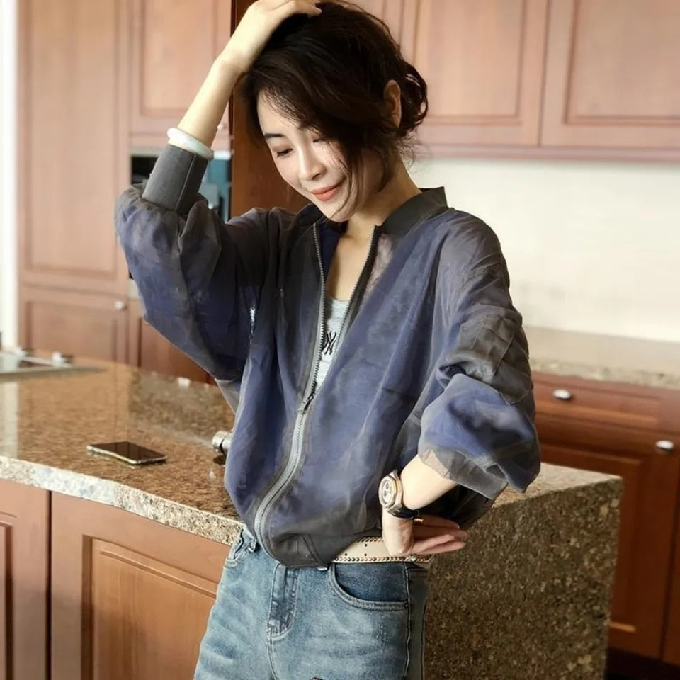 Gbolsos Summer Baseball Gauze Cropped Jacket Women Korean Fashion Lightweight Sun Protection Outerwear Long Sleeve Tops Casual Chaquetas