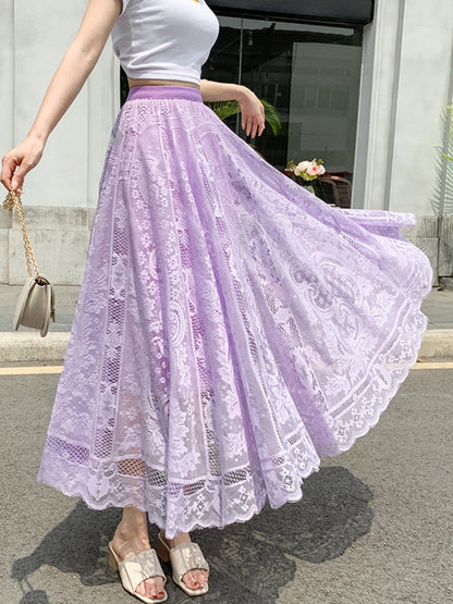 Skirts Summer Woman   Elegant and Elegant Hollow Lace Skirt High-waisted Slim Mid-length A-line Skirt Pleated  White Skirt