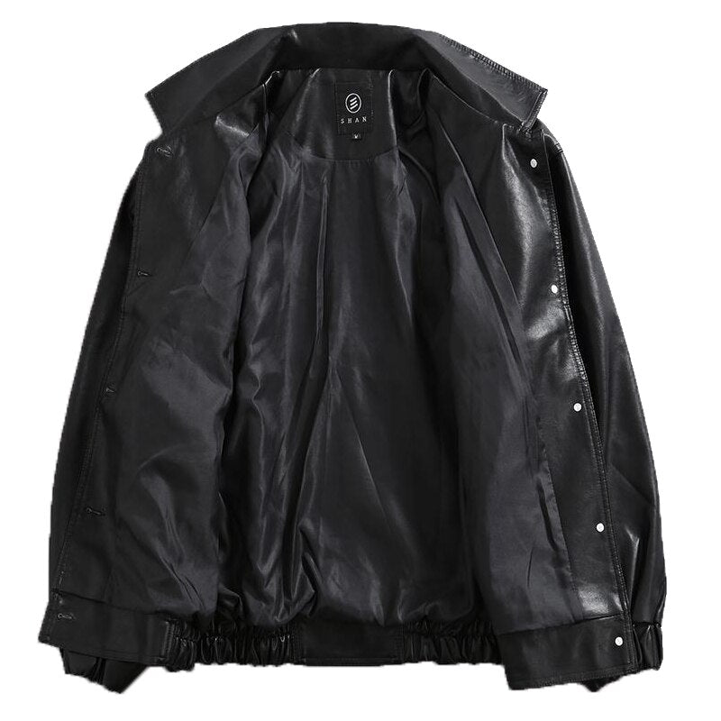 Gbolsos Leather Jacket Men's New Autumn PU Leather Coat Lapel Loose Vintage Motorcycle Style Parkas Top Men's Casual Windproof Jacket