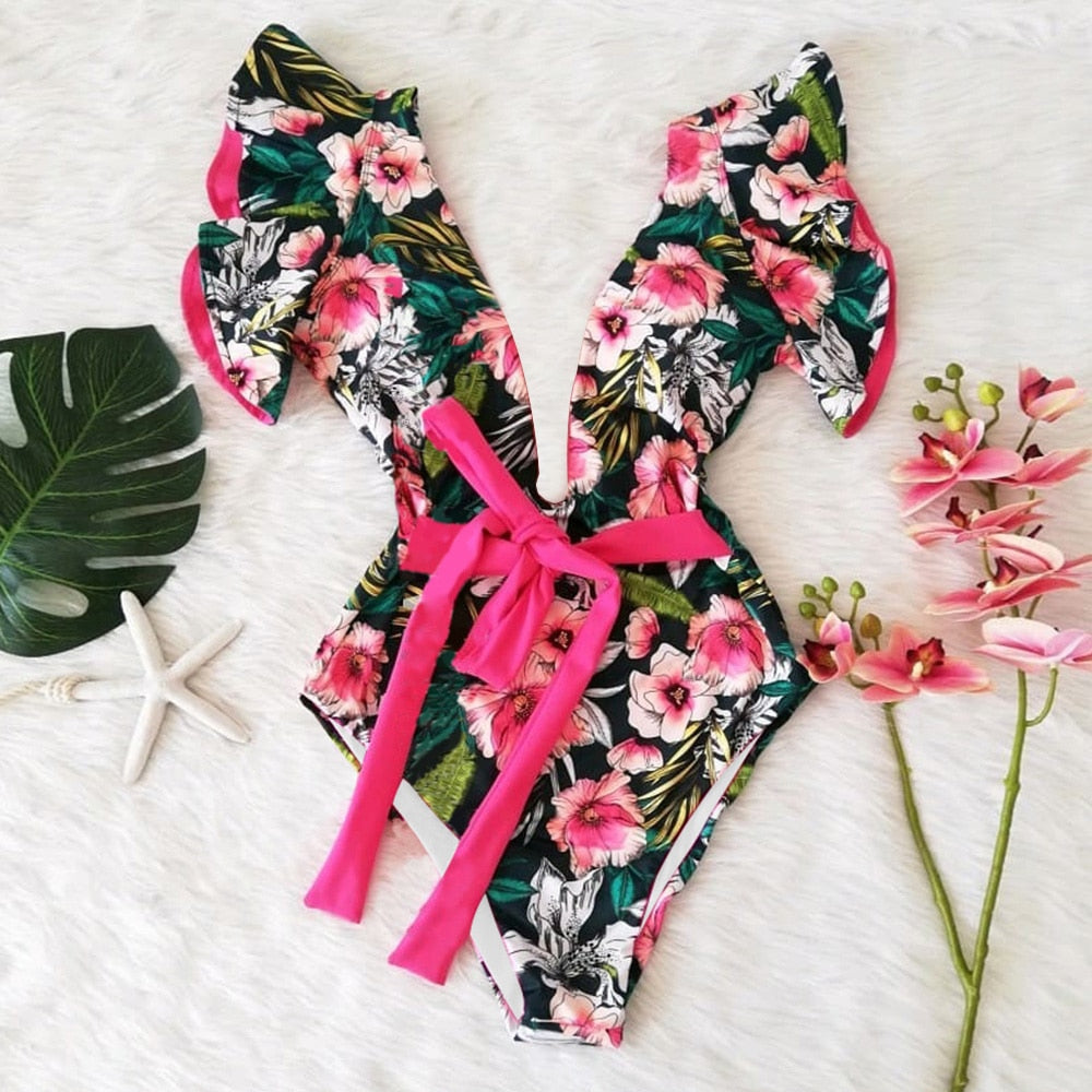New Sexy Ruffle Print Floral One Piece Swimsuit Off The Shoulder Swimwear Women Solid Deep-V Beachwear Bathing Suit Monkini