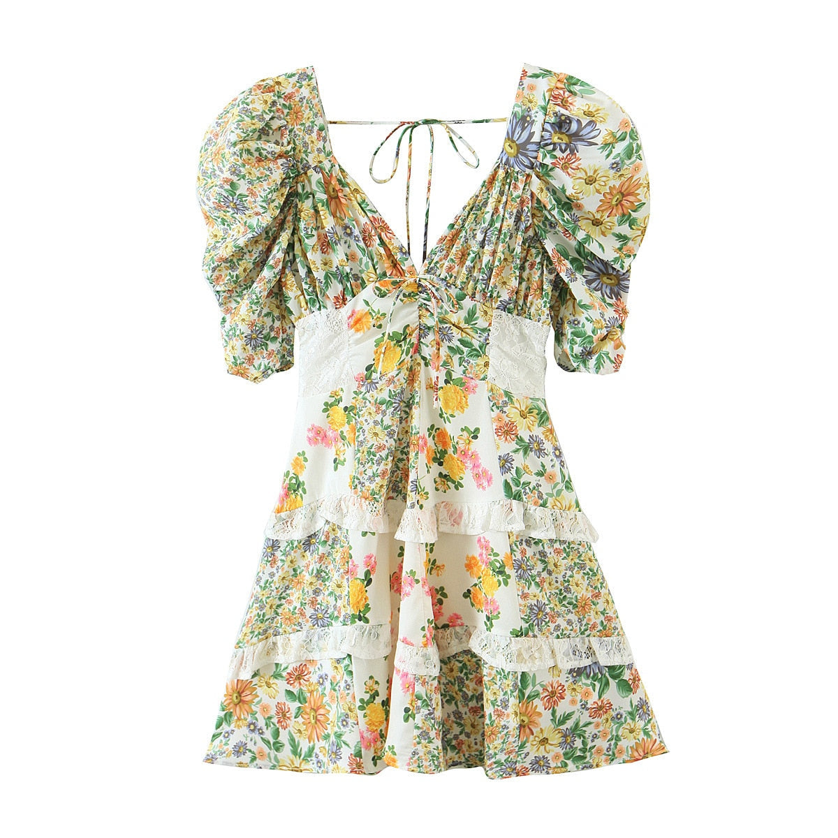 Sexy Backless Deep V Neck Summer Mini Dress Women Fashion Floral Print Lace Patchwork Summer   Dress Female Vestidos