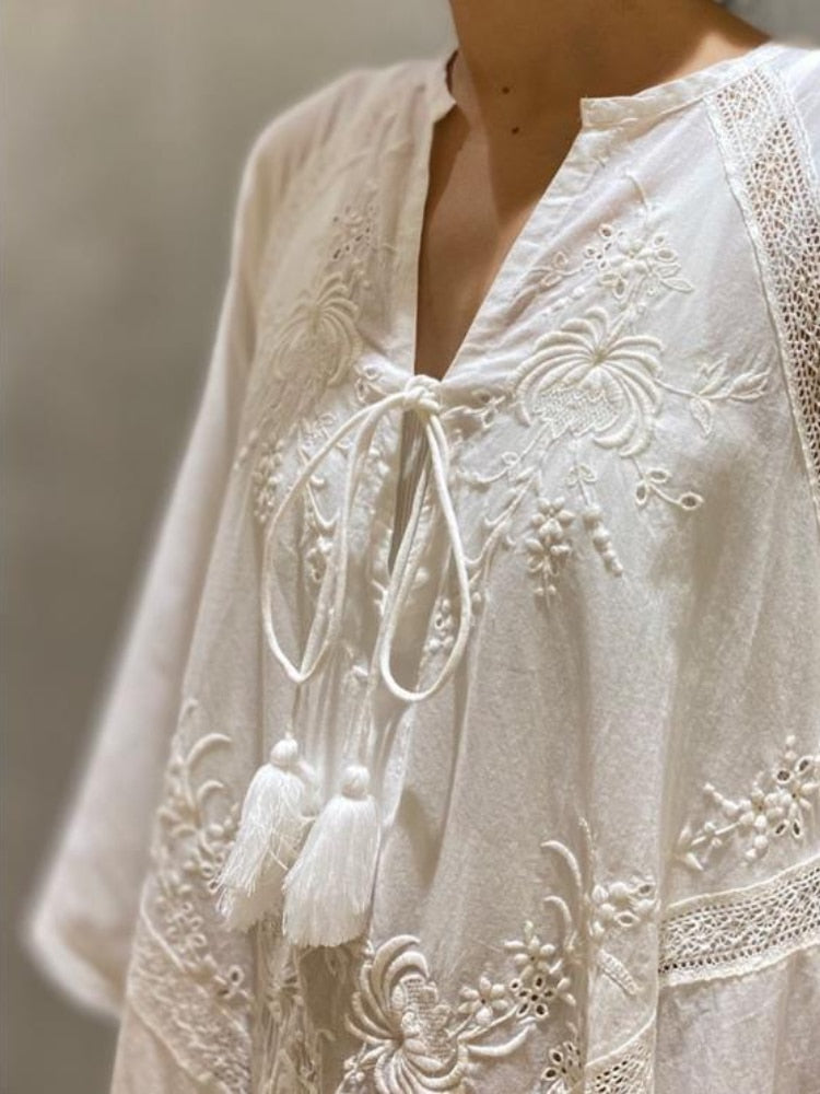 Women's Summer Dress   Loose Embroidered White Lace V-Neck Long Beach Dress Elegant Dress Holiday Women's  White Dress
