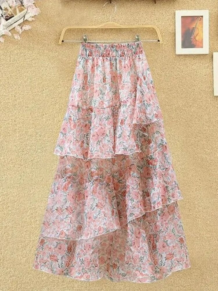 Gbolsos New Temperament Skirt Summer Floral Irregular Ruffle All-match A-line Skirt Breathable Fairy Cake Skirt Fashion Party