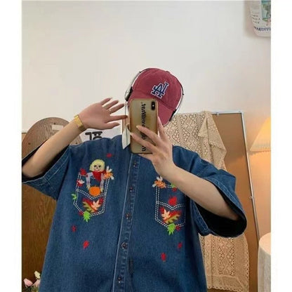 Gbolsos2022 Men's Cartoon Embroidered Denim Short Sleeved Shirts Fashion Trend Brand Lapel Collar Denim Coats Blue Color Shirts M-XL