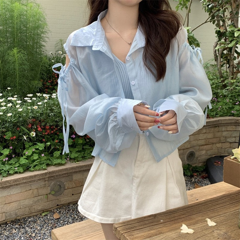 Gbolsos Shirts Women Hole Temperament Sun-proof Ins Vacation Thin Korean Style Sheer Off-shoulder BF Summer Students Beach