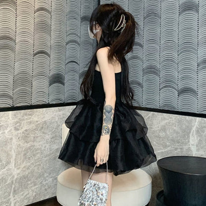 Gbolsos Black Mini Dress for Women Mesh Spaghetti Strap Hotsweet Streetwear Chic Summer Y2k Gothic Vintage Vestidos Sexy Mujer Ball Gown