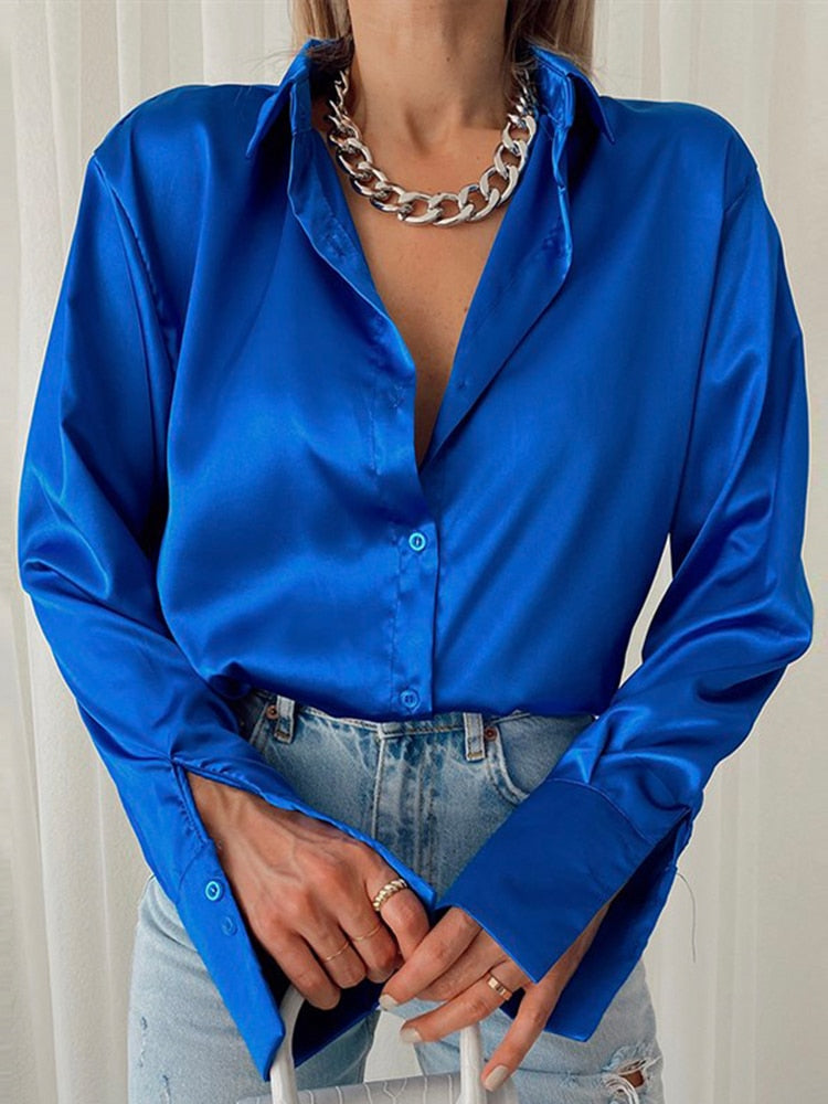 Satin Blouses Women Shirt Button Up Long Sleeve Ladies Tops Vintage Clothes Chic Woman Blouse Collared Shirt Sheer Top Female