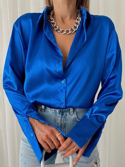 Satin Blouses Women Shirt Button Up Long Sleeve Ladies Tops Vintage Clothes Chic Woman Blouse Collared Shirt Sheer Top Female