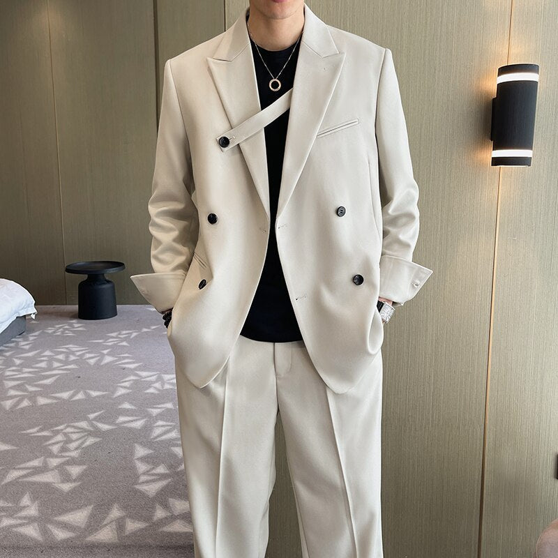 Gbolsos Men Fashion Casual Double Breasted Loose Casual Suits Blazer Wide Leg Pant Male Wedding Business Dress Suits Coat Trousers