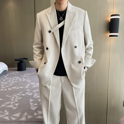Gbolsos Men Fashion Casual Double Breasted Loose Casual Suits Blazer Wide Leg Pant Male Wedding Business Dress Suits Coat Trousers