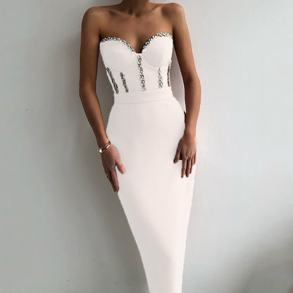 Gbolsos Sexy Strapless Women Dress Bandage Bodycon New Elegant Beading Party Evening Club Midi Dresses Summer Autumn Clothes