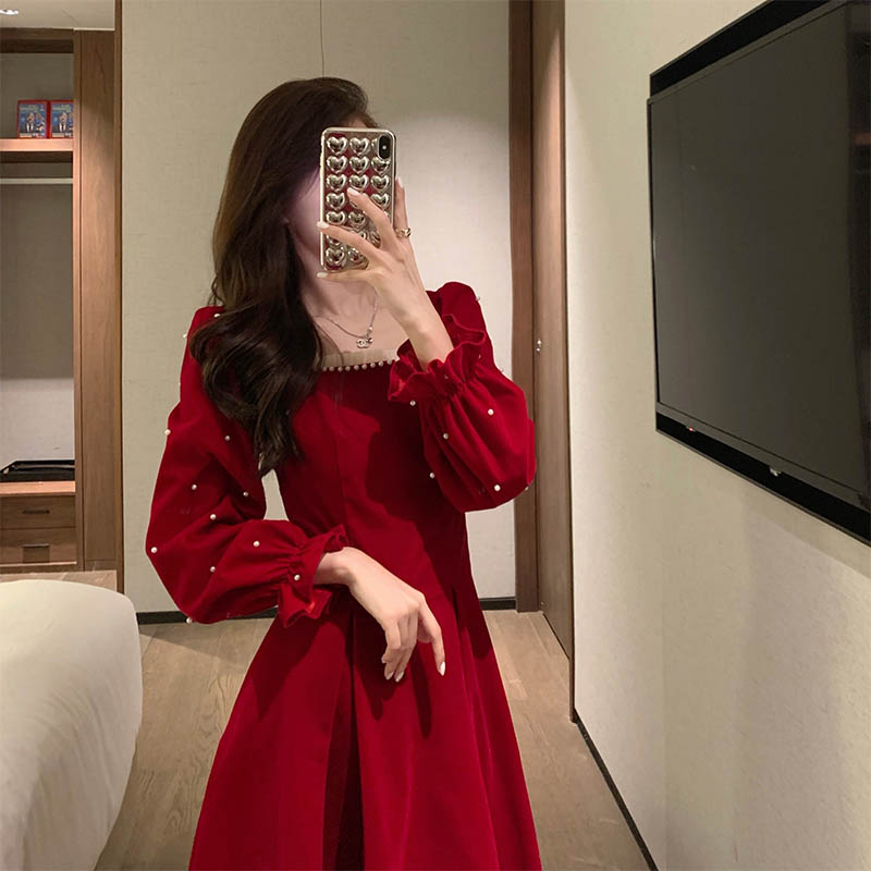 Gbolsos Red France Vintage Dresses Women Winter Elegant Evening Party Midi Dresses New Year Casual Designer Korean One-Piece Dress Christmas