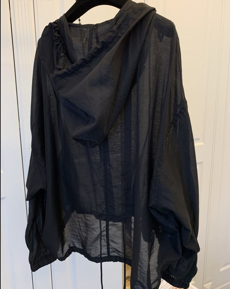 Gbolsos Jackets Women Hooded Summer Sun-proof Zipper Coats Thin Loose See Through Outerwear Breathable Outwear Lightweight Clothes Black