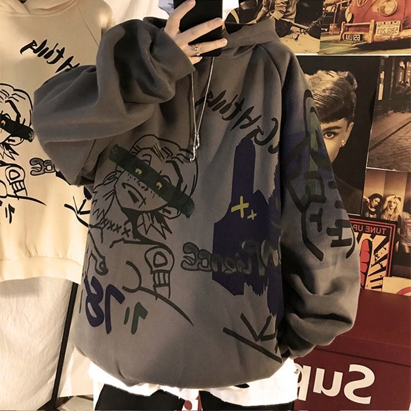 Gbolsos Autumn and winter Korean style trend plus fleece hooded sweater men graffiti hip-hop all-match loose printed coat couple sweater