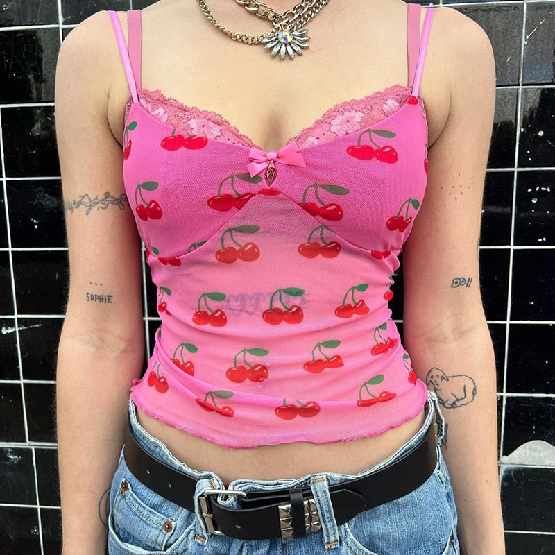 Harajuku Kwaii Lace Basic Camis Goth Pastel Gothic Sweet Bows White Tight Crop Tops Lolita Ruffles Women Coquette Aesthetic