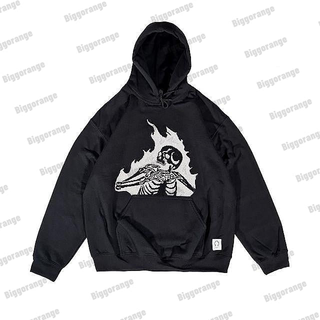 Gbolsos Print Harajuku Street Embroidery Y2K American Retro Comic  Loose Hooded Sweater Loose Autumn Trend Sweater Couple Jacket