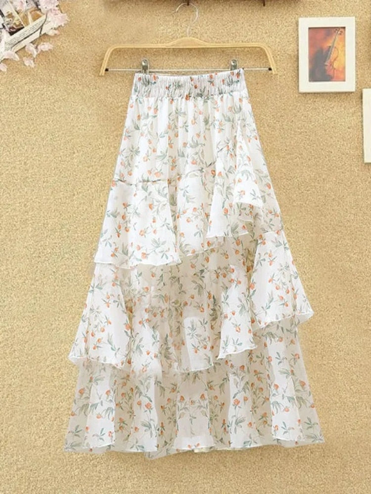 Gbolsos New Temperament Skirt Summer Floral Irregular Ruffle All-match A-line Skirt Breathable Fairy Cake Skirt Fashion Party