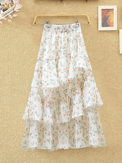 Gbolsos New Temperament Skirt Summer Floral Irregular Ruffle All-match A-line Skirt Breathable Fairy Cake Skirt Fashion Party
