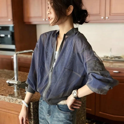 Gbolsos Summer Baseball Gauze Cropped Jacket Women Korean Fashion Lightweight Sun Protection Outerwear Long Sleeve Tops Casual Chaquetas