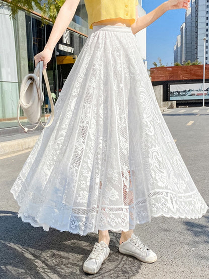 Skirts Summer Woman   Elegant and Elegant Hollow Lace Skirt High-waisted Slim Mid-length A-line Skirt Pleated  White Skirt