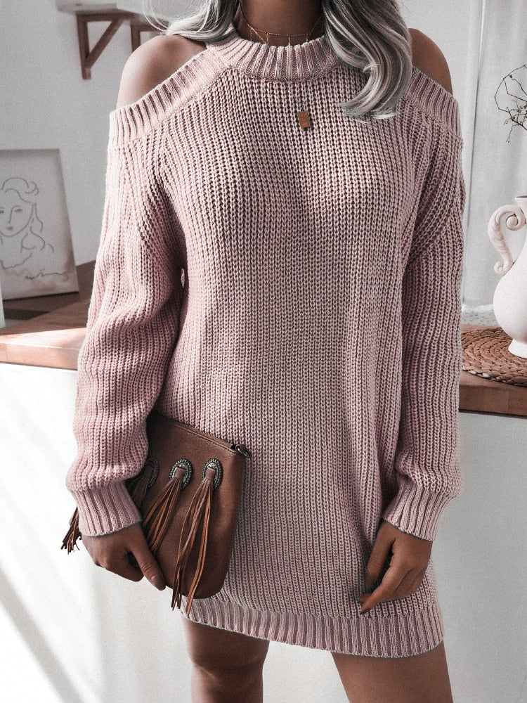 Gbolsos Sexy Off Shoulder Long Sleeve Sweater Dress Elegant Solid Loose Casual Knitted Mini Dress Female Vestido Women Autumn Clothes