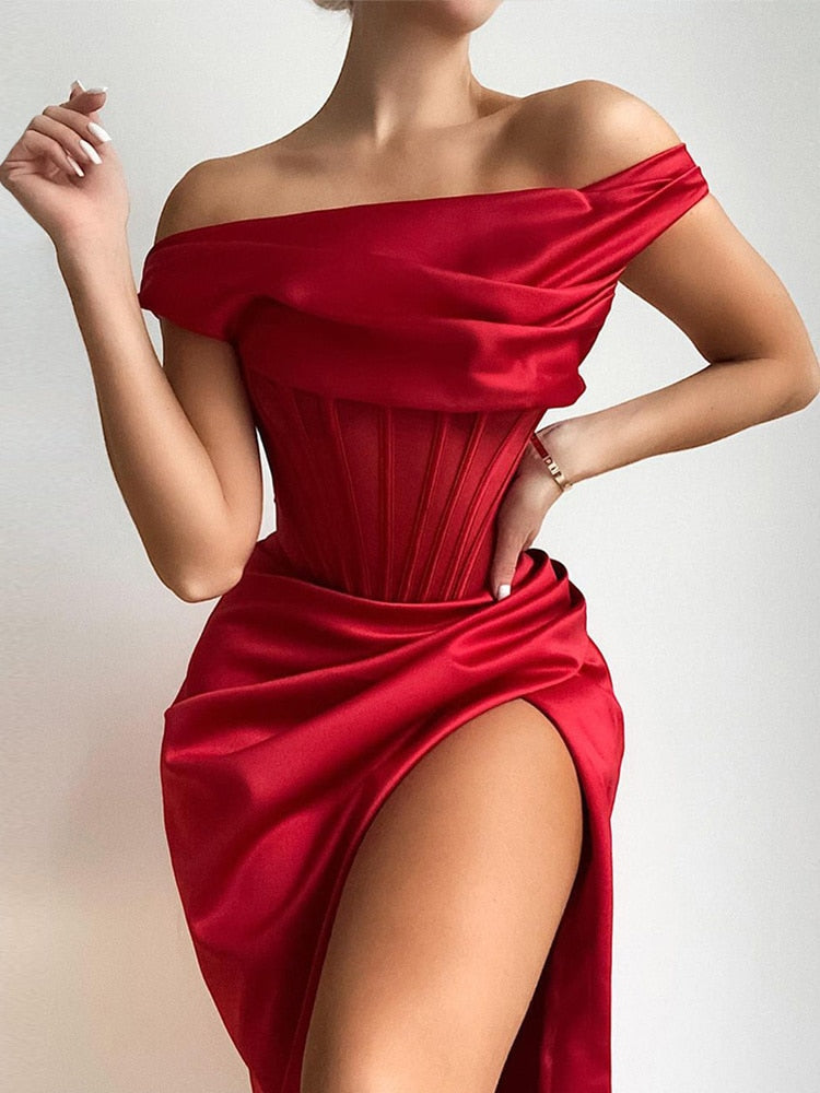 Townlike   Summer Dresses Women High Split Off Shoulder Sexy Party Dress Stretch Satin Elegant Dress With Fishbone Vestidos