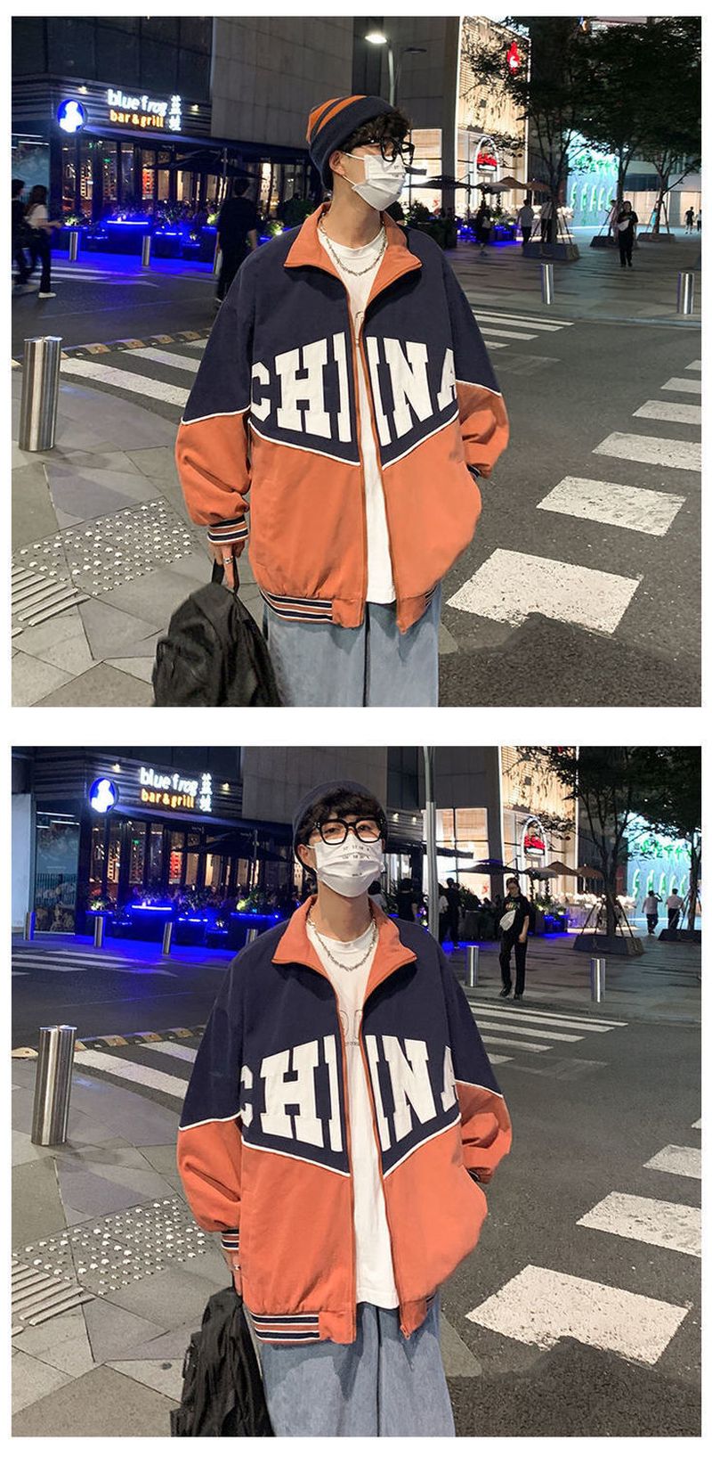 Letter retro baseball uniform jacket men's SS Japan style loose contrast color casual stand collar varsity jacket unisex top
