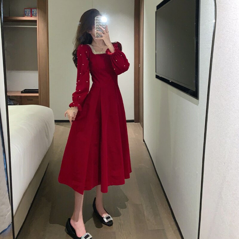 Gbolsos Red France Vintage Dresses Women Winter Elegant Evening Party Midi Dresses New Year Casual Designer Korean One-Piece Dress Christmas