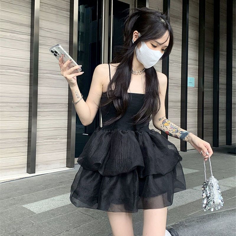 Gbolsos Black Mini Dress for Women Mesh Spaghetti Strap Hotsweet Streetwear Chic Summer Y2k Gothic Vintage Vestidos Sexy Mujer Ball Gown