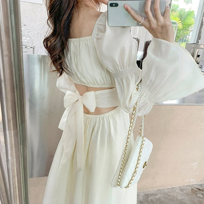 Gbolsos Backless Sexy Vintage Fairy Dress Women Sweet Elegant Princess Evening Party Dresses Female Casual Korean Long Sleeve Chic Dress