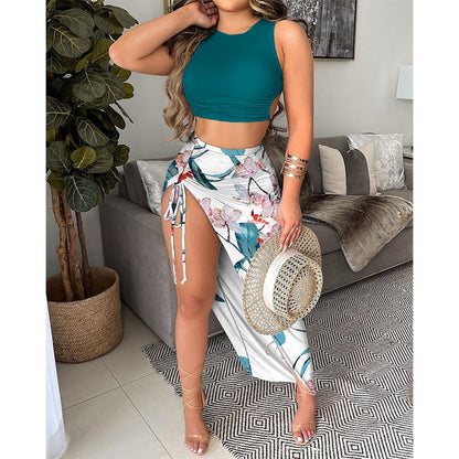 Gbolsos Summer Beach Style Sexy Drawstring Ruched Top & Floral Print High Slit Skirt Set Women Tank Tops Midi Dress Daily Wear