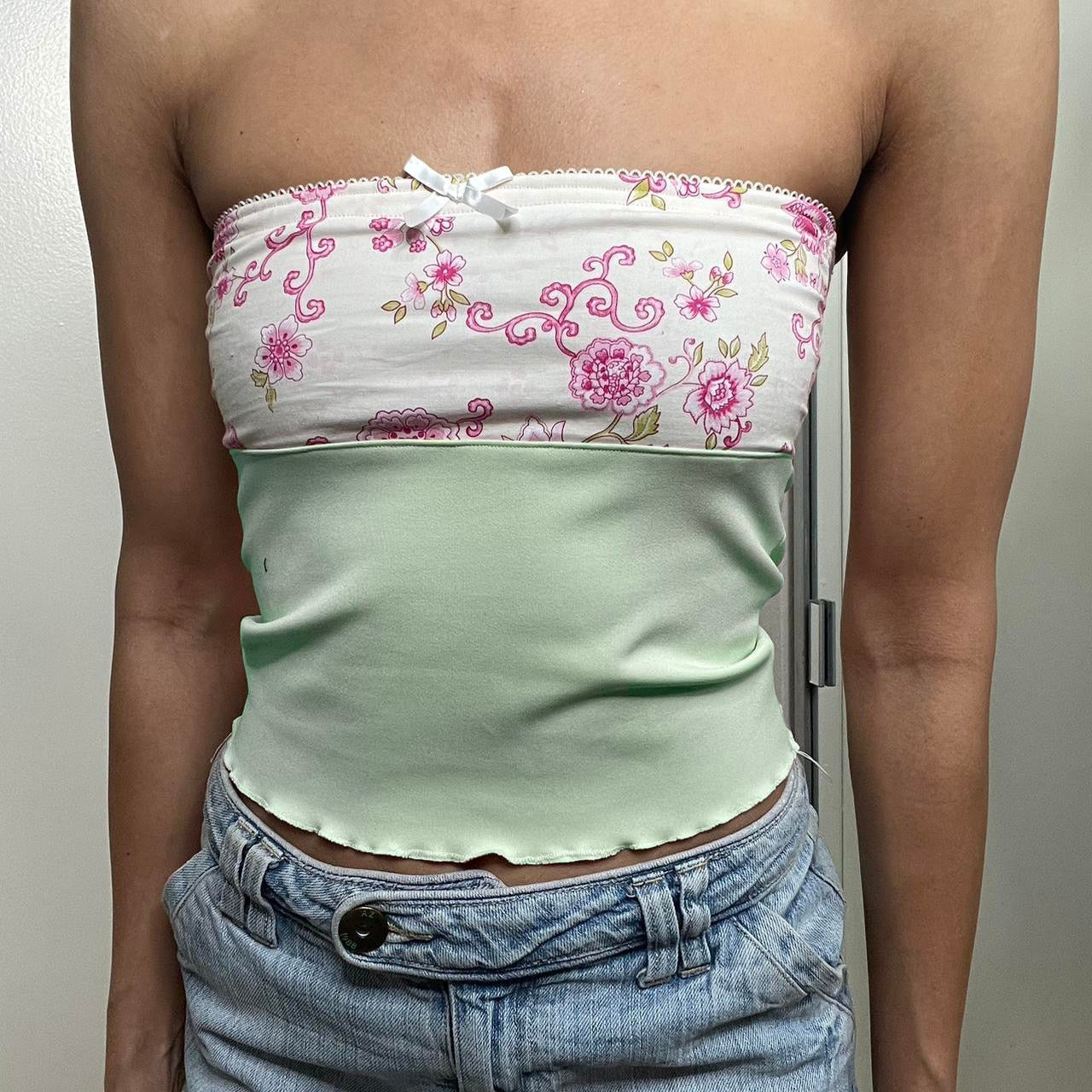 Gbolsos Women Y2k Crop Top Ruffle Frill Camisole Cute Bow Floral Print Strapless Tank Aesthetic Fairy Grunge Tube Top 2000s Clubwear