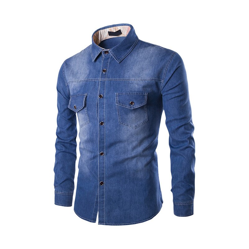 Gbolsos Fashion Mens Denim Shirt Long Sleeve Plus Size Cotton Jeans Cardigan Casual Slim Fit Shirts Men Two-pocket Tops Clothing M-6XL