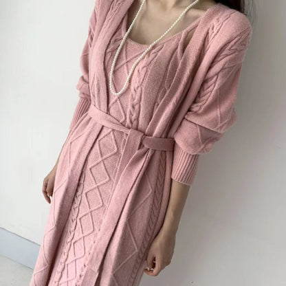 Gbolsos Winter Women Knitted 2 Pieces Set Casual Long Coat Dress Solid Long Sleeve Sweater Coat +Knitted Dress 2PCS Suits Women Warm Set