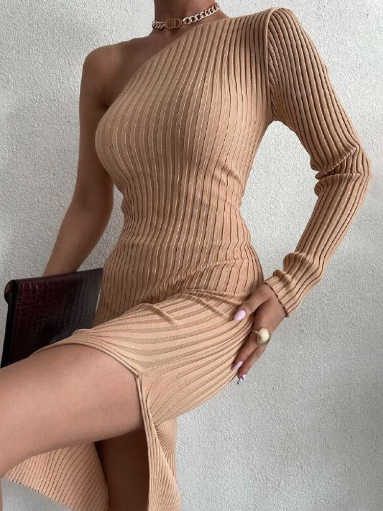 Summer New Women's Tight Dress Fashion Solid Color Knitted Slanted Shoulder Slit Long Skirt Party Dress Temperament Sweater