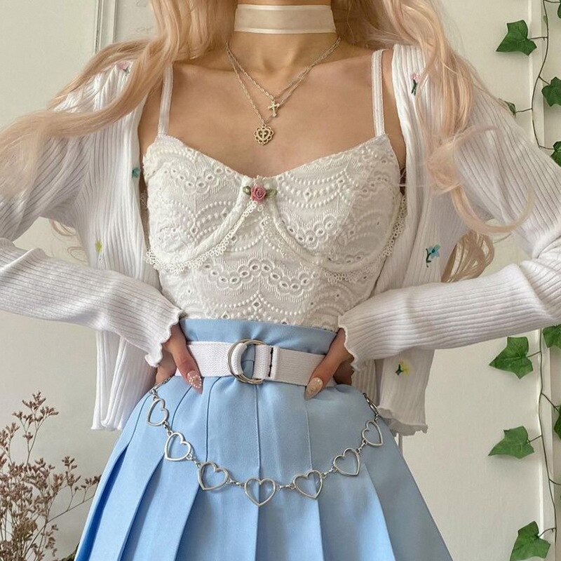 Harajuku Kwaii Lace Basic Camis Goth Pastel Gothic Sweet Bows White Tight Crop Tops Lolita Ruffles Women Coquette Aesthetic