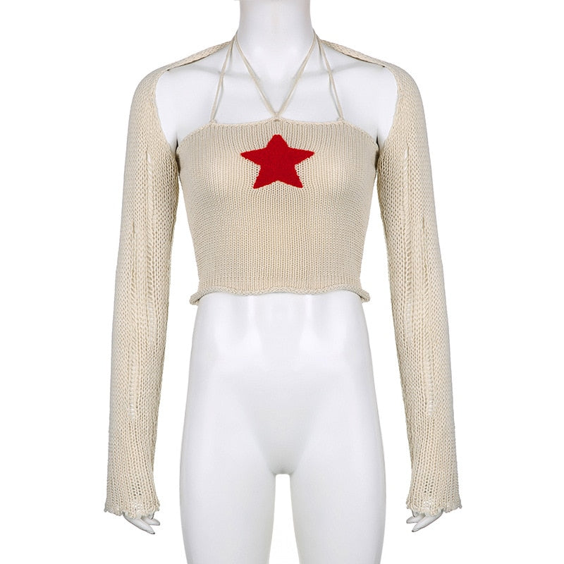 Gbolsos Knit Two Piece Set Y2K Star Crop Top And Bolero Cardigan Women Sexy Night Club Festival Outfit Knitwear Co ord Set White Green