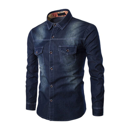 Gbolsos Fashion Mens Denim Shirt Long Sleeve Plus Size Cotton Jeans Cardigan Casual Slim Fit Shirts Men Two-pocket Tops Clothing M-6XL