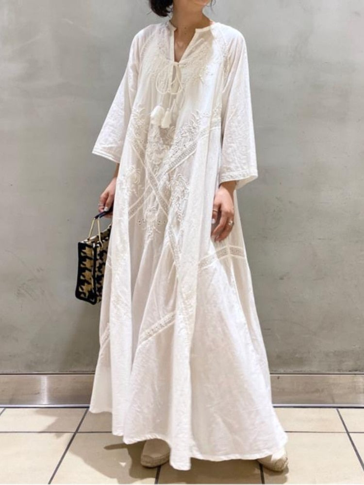 Women's Summer Dress   Loose Embroidered White Lace V-Neck Long Beach Dress Elegant Dress Holiday Women's  White Dress
