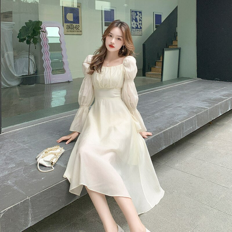 Gbolsos Backless Sexy Vintage Fairy Dress Women Sweet Elegant Princess Evening Party Dresses Female Casual Korean Long Sleeve Chic Dress