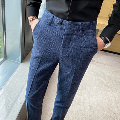 Gbolsos Autumn Winter Plaid Business Dress Pants Men Formal Office Social Suit Pants British Style Casual Slim Fit Trousers Men Clothing