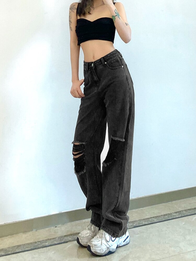 New High Waist Loose Hole Wide Leg Women's Jeans Loose Straight Leg Pants Retro Casual Women Fashion High Street Pants
