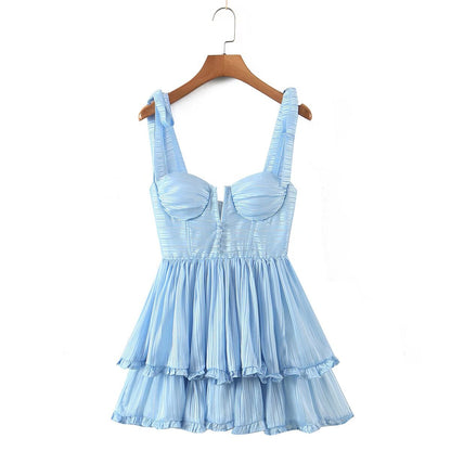Gbolsos Fashion Women Spaghetti Strap Ruffle Cake Chiffon Dress Sexy Ladies Floral Print Holiday Party Mini Dress Summer Robe
